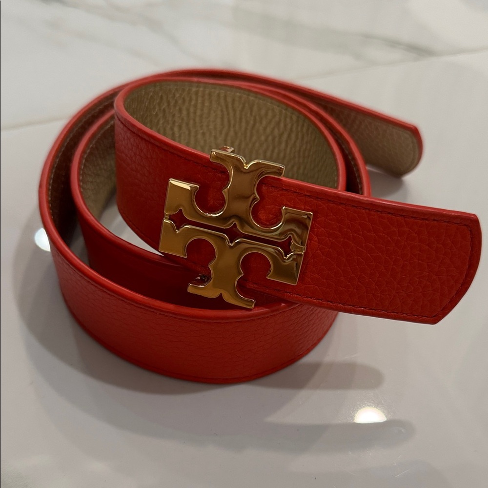Tory Burch Vibrant Red Belt with Gold Emblem